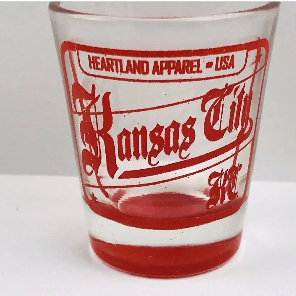 Heartland Apparel Kansas City Shot Glass Whiskey Souvenir Red Bottom RARE